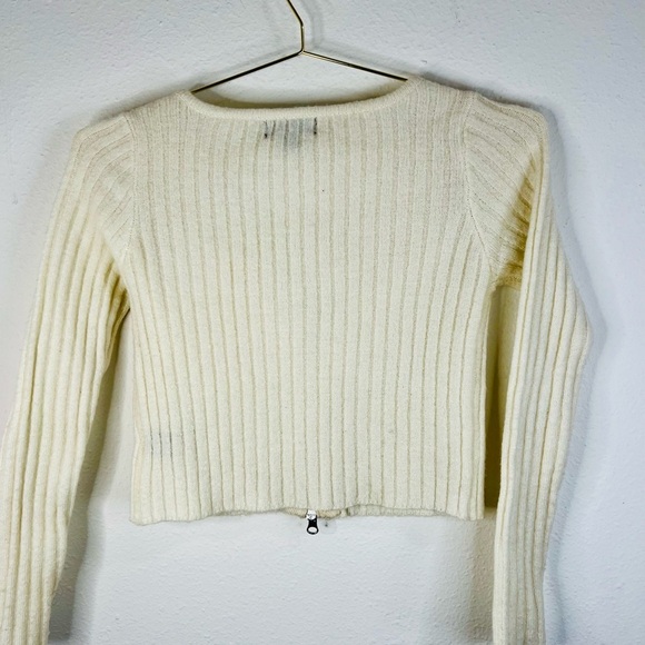 Say What Women’s Ivory Ribbed Knit Cropped Cardigan Sweater Small Zip-Up V-Neck - Picture 7 of 15